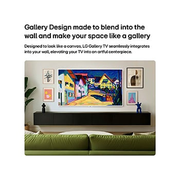 LG Gallery TV AI with frame LX7 ART TV is wall-mounted with a Snow White frame, displaying a colorful painting of houses and a sunlit street, set within a modern living room styled with multiple framed artworks.